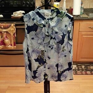 Tahari Navy and White Floral Ruffle Blouse